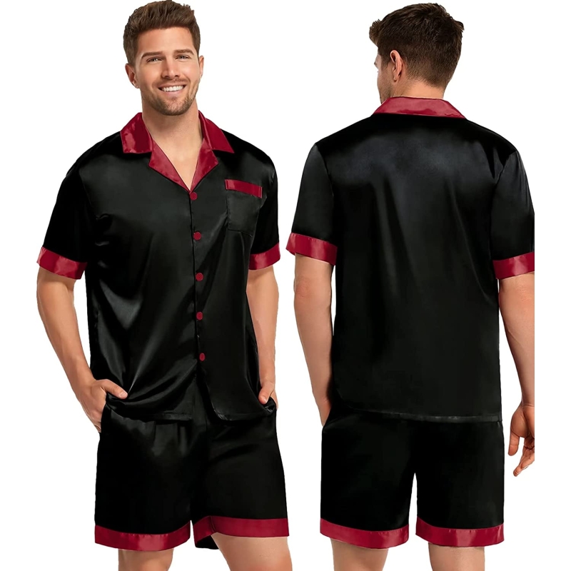 SWOMOG Couples Matching Pajama Set Silk Satin Short Sleeve Pjs Set Top and Shorts Sleepwear Soft Button-Down Loungewear - Image 3
